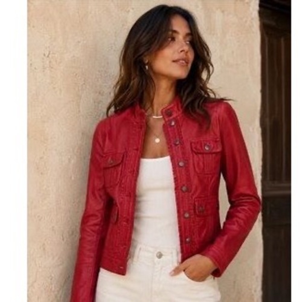 June Stunning Red Ruffle Trim Military Leather Jacket Small $395